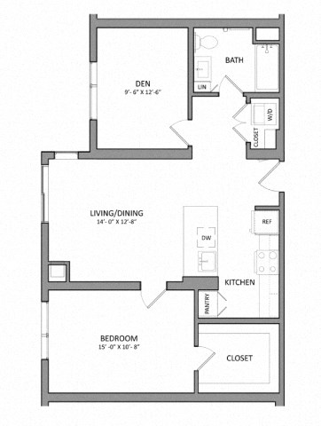 Floor plan for 1 bed, 1 bath, 829 sqft